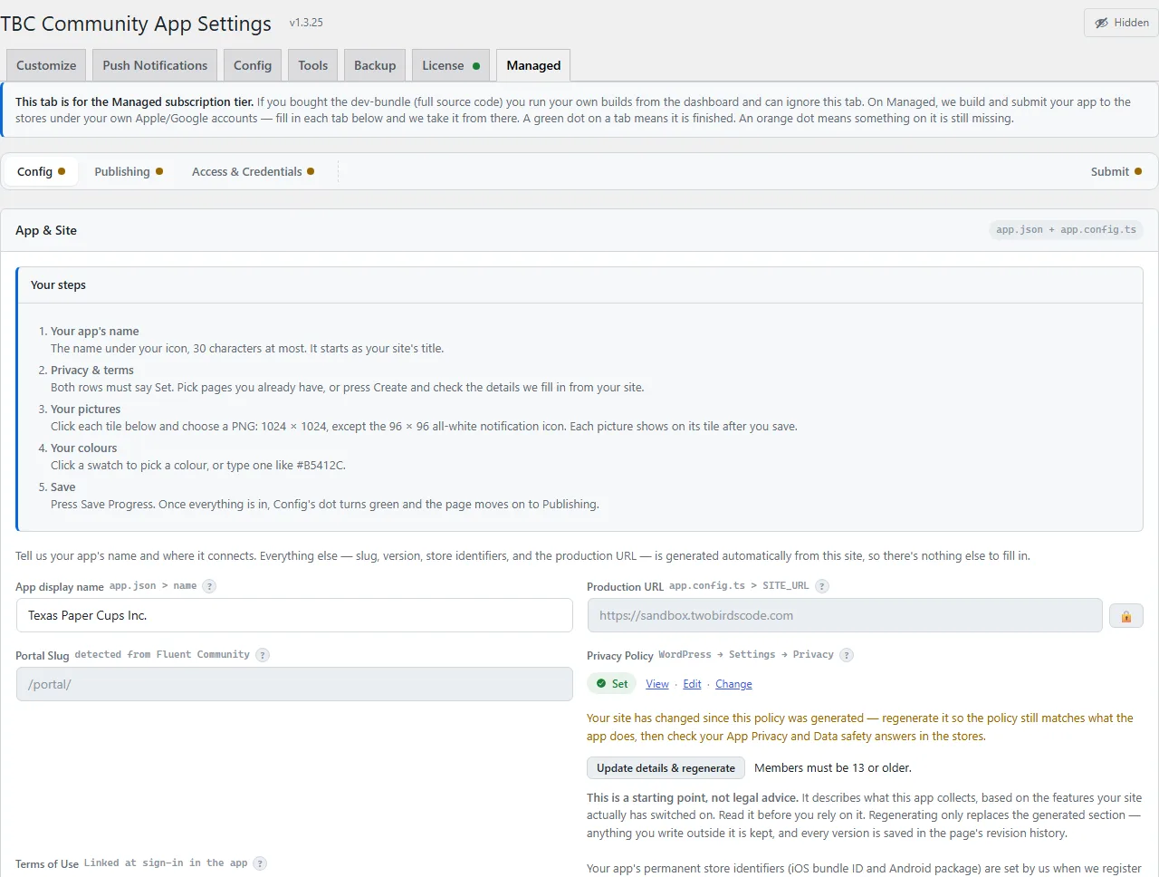 The Managed tab's Config sub-tab, collecting the app's identity