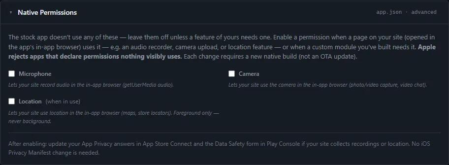 The Native Permissions card, with the microphone, camera and location switches