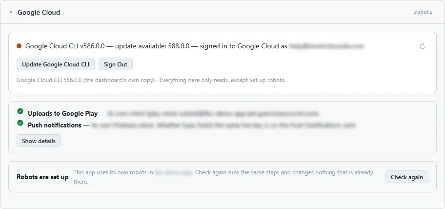 The Google Cloud card, answering which robot uploads, pushes and checks purchases