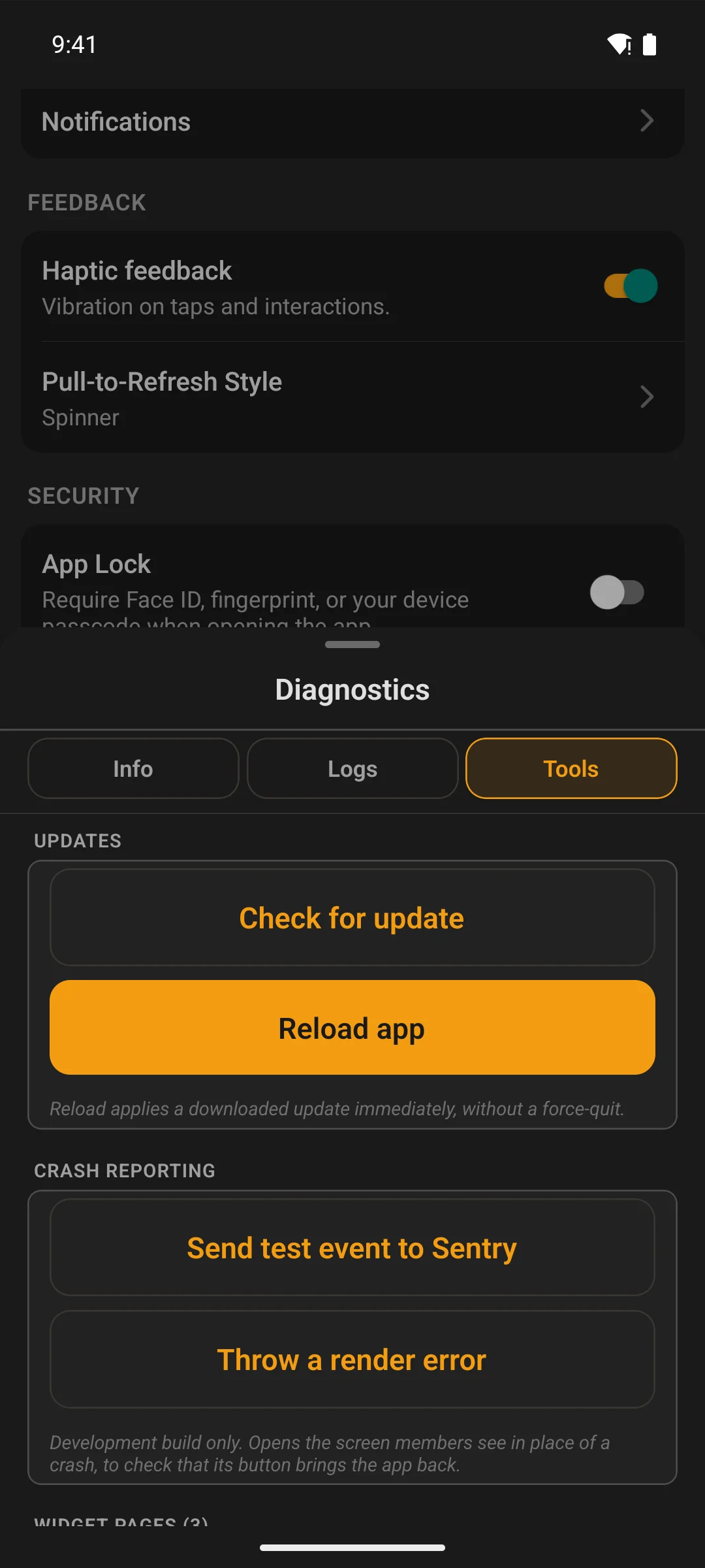 The tools section of the diagnostics screen