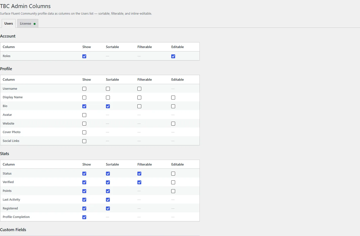 The Admin Columns settings screen in WordPress