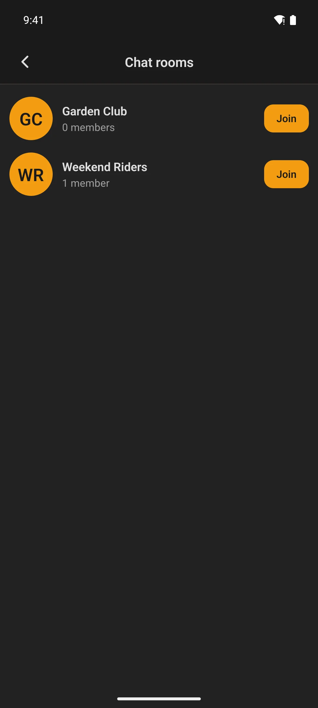The chat rooms list in the app, with rooms to join