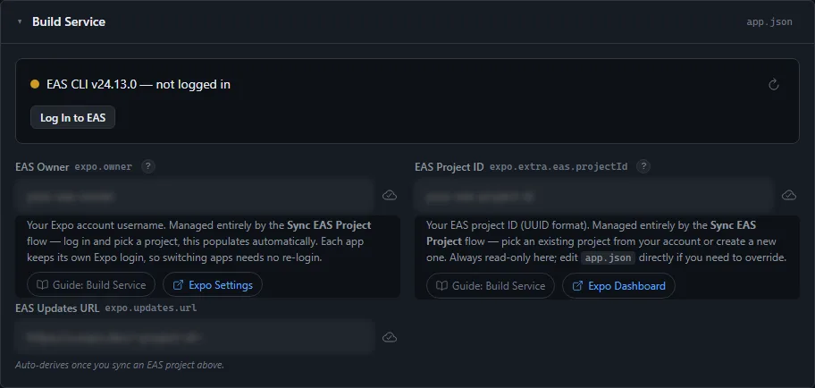 The Build Service card, showing the CLI status and the linked project