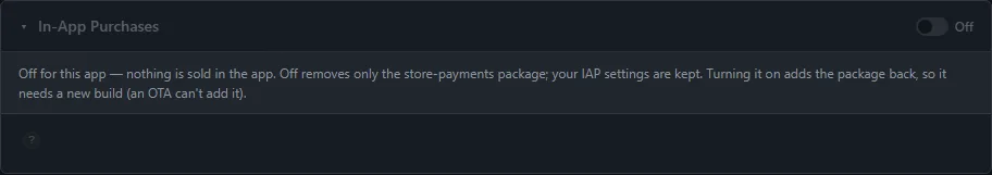The In-App Purchases card, with the enable switch and the readiness checks