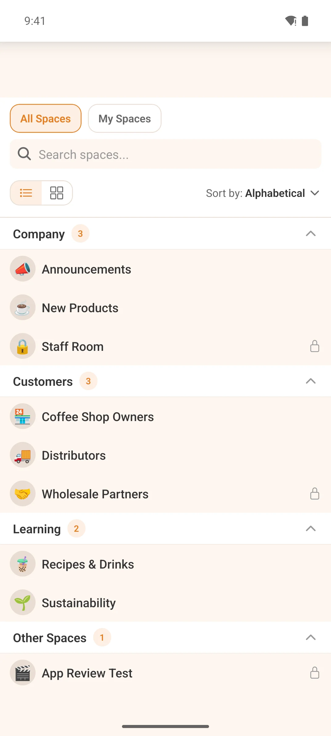 The spaces browser in list view on a phone