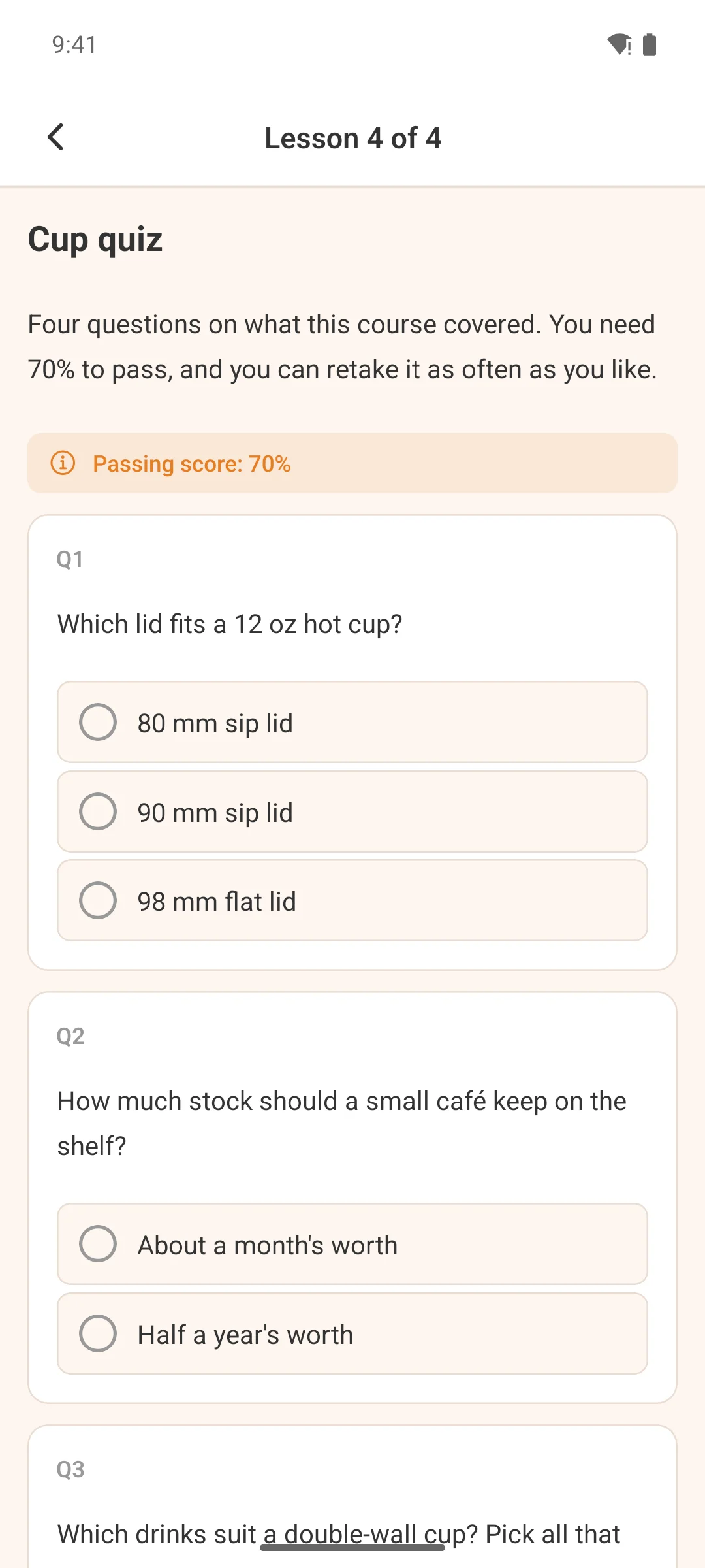 A quiz question inside a lesson