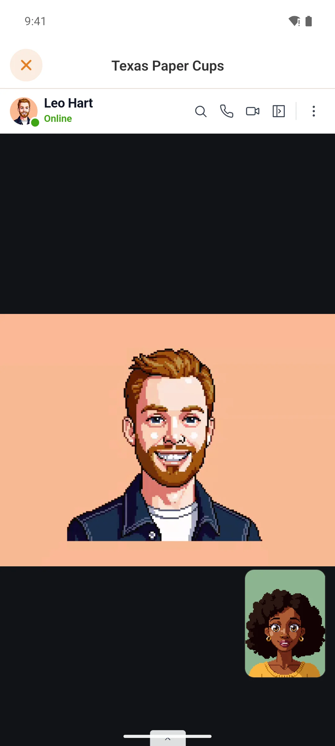 A video call in the app, the other member full screen and your own camera in the corner