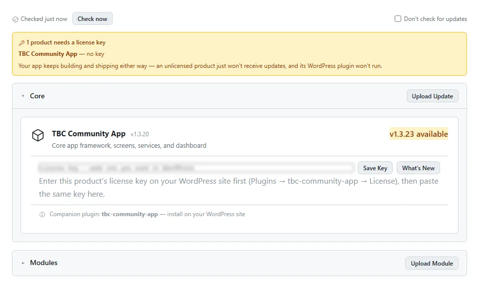 The Updates tab, showing the installed core version against the latest