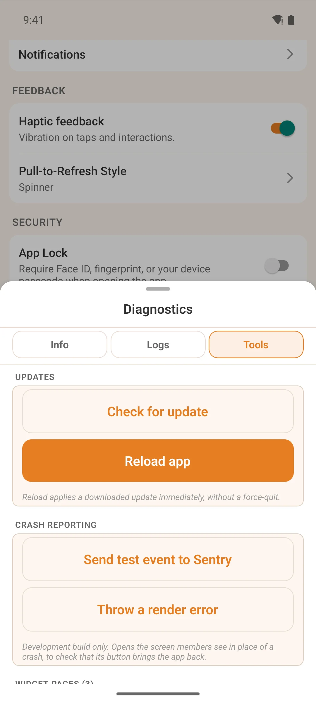 The tools section of the diagnostics screen