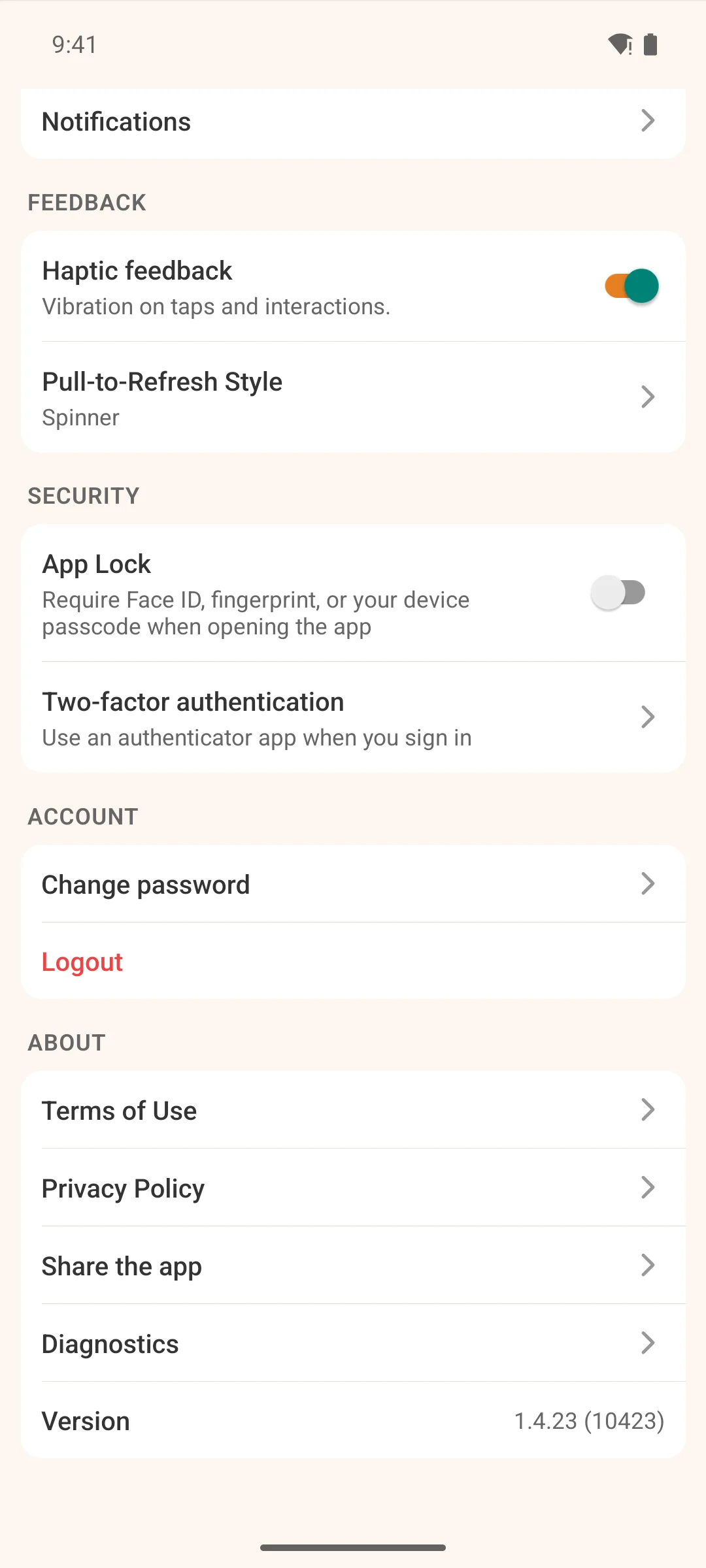 Further down the settings screen