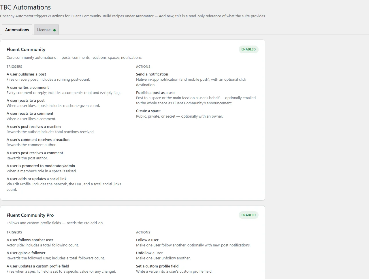 The Automations settings screen in WordPress