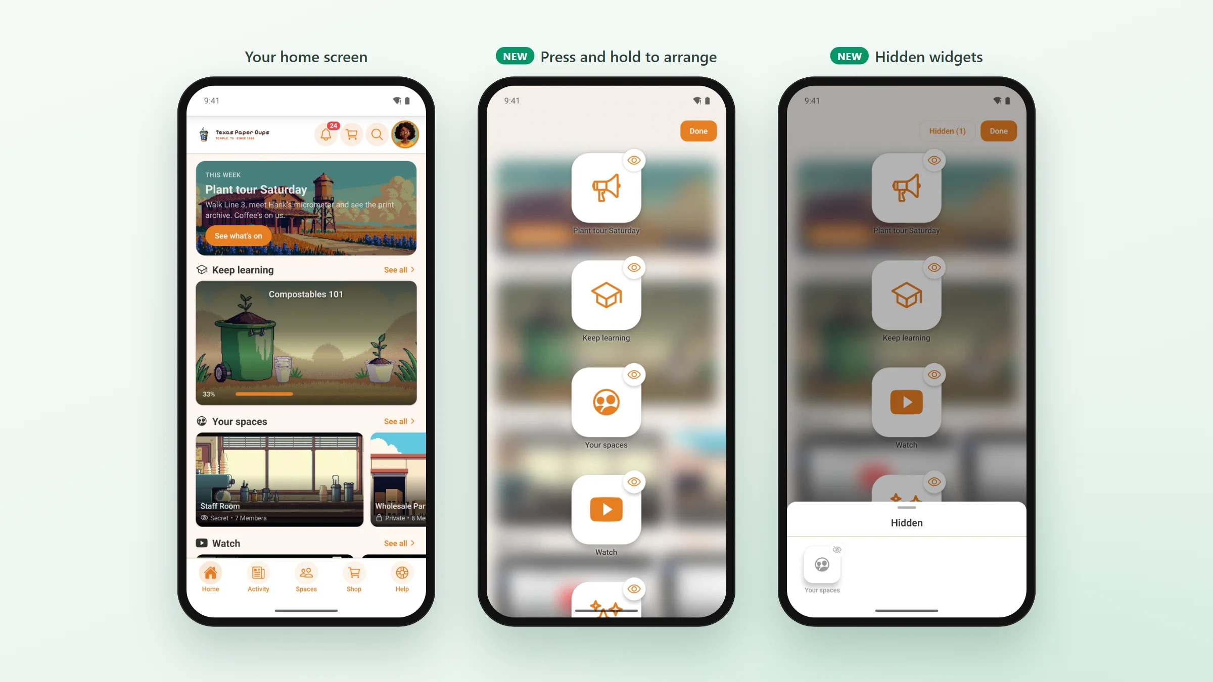 Three phone screens: the app&rsquo;s Home with its event banner, courses, spaces and videos; the same screen after a long press, blurred behind a column of widget icons, each with an eye button, and a Done button; and the map with the Hidden list open at the bottom, holding the Your spaces widget