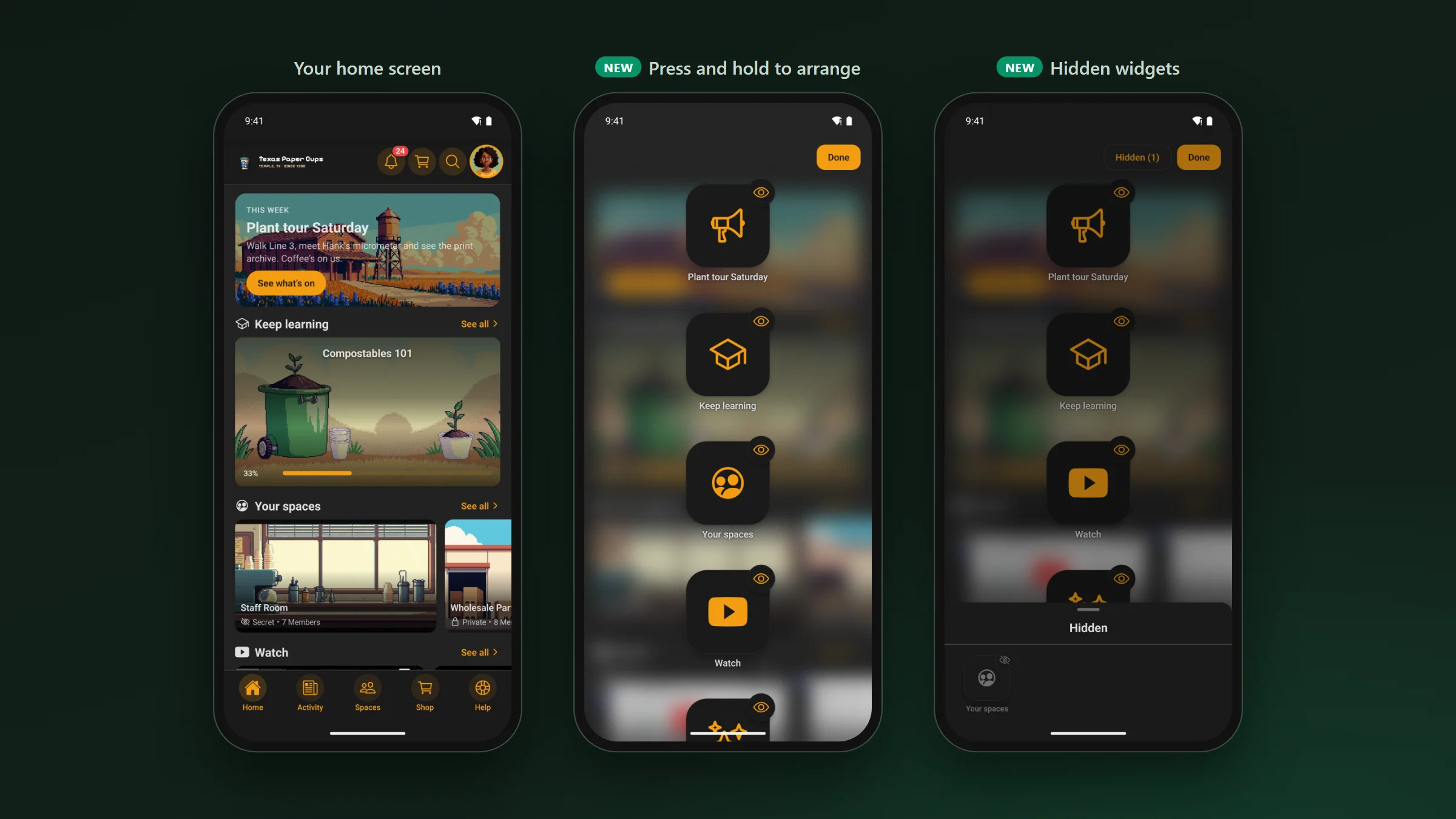 Three phone screens: the app&rsquo;s Home with its event banner, courses, spaces and videos; the same screen after a long press, blurred behind a column of widget icons, each with an eye button, and a Done button; and the map with the Hidden list open at the bottom, holding the Your spaces widget