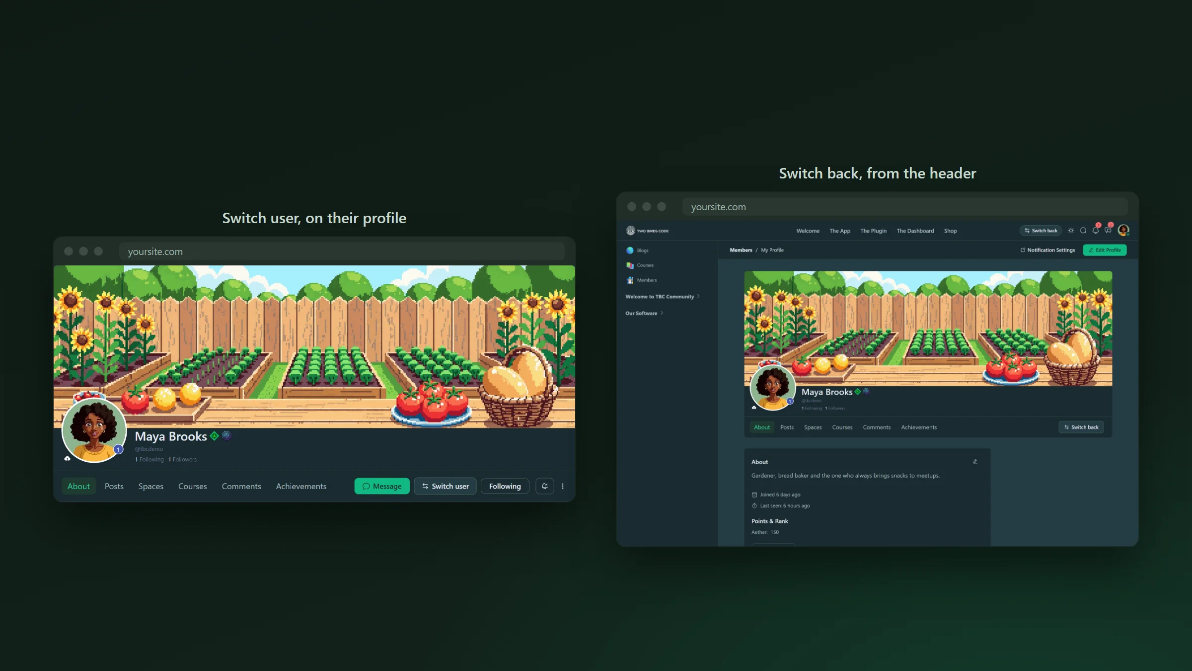 A member&rsquo;s profile with a Switch user button beside Message and Following, and the same profile after switching, with Switch back in the header and on the profile