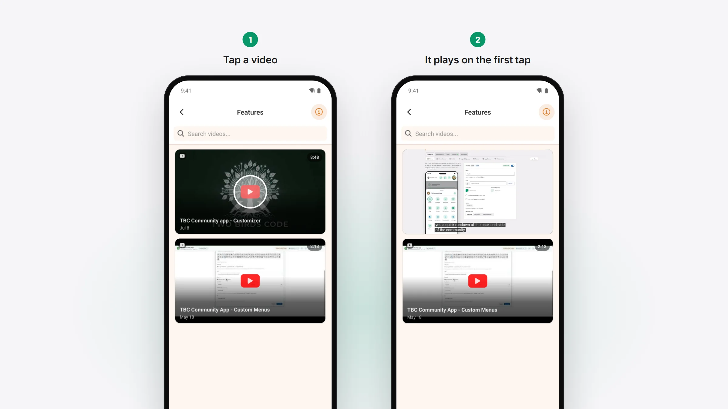 Two screens: an Android phone on the app's Features video list, about to tap a video, and the same video playing after one tap, with captions on screen.