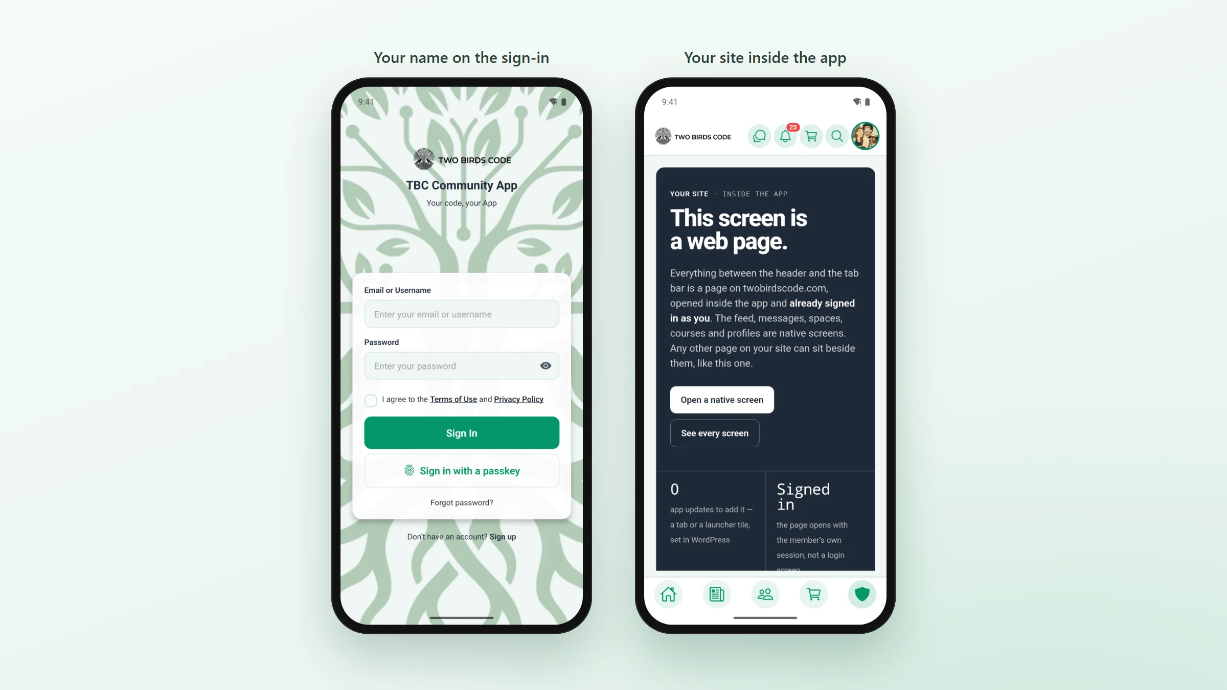 The app’s sign-in screen with the community’s own logo and a passkey button, beside a page from the community’s website open inside the app, already signed in