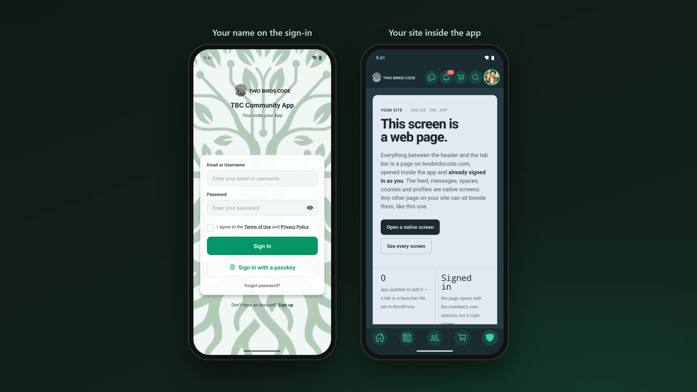 The app’s sign-in screen with the community’s own logo and a passkey button, beside a page from the community’s website open inside the app, already signed in