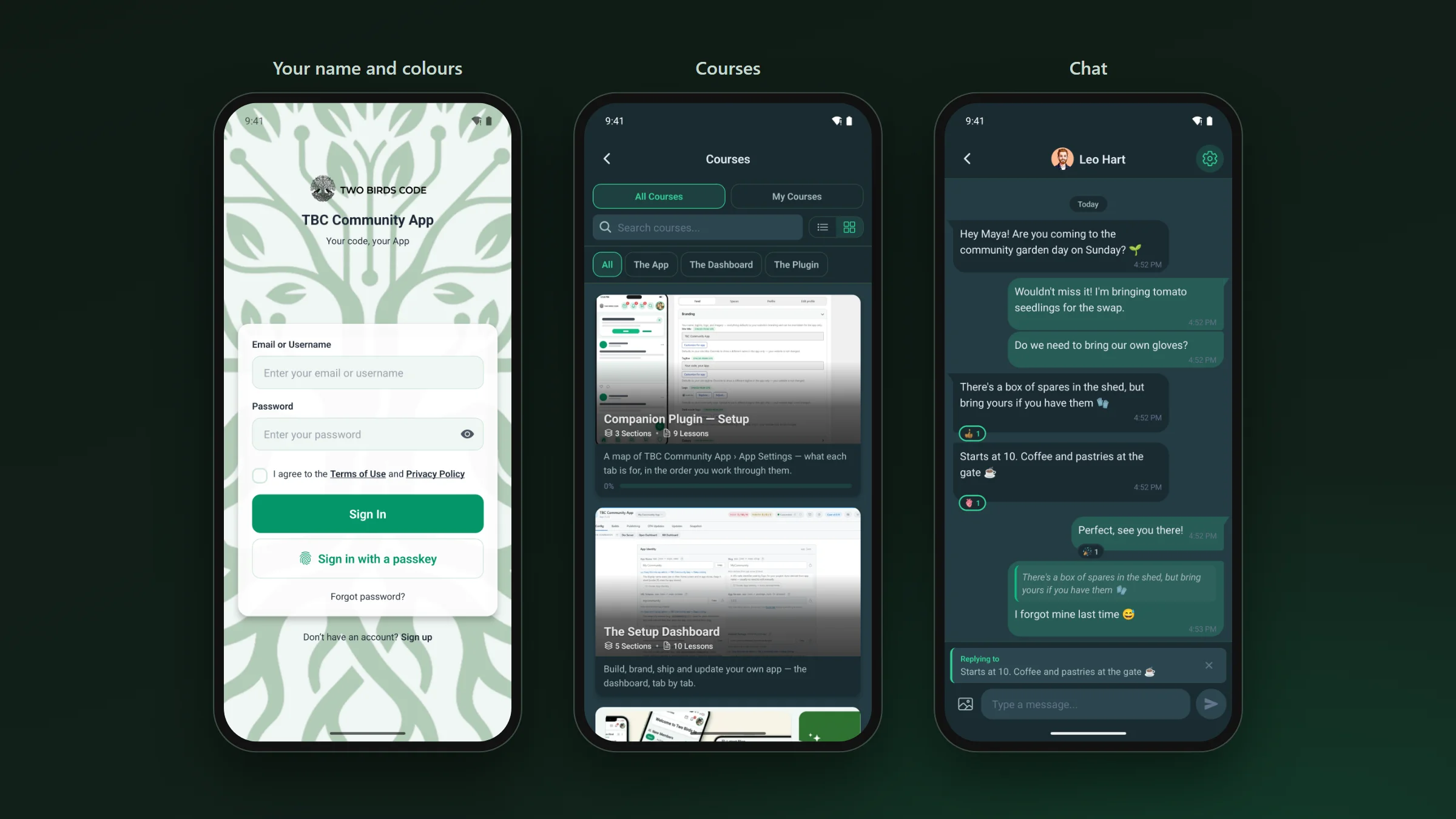 The app’s sign-in screen with the community’s own logo and a passkey button, the Courses screen with course cards, and a chat between two members