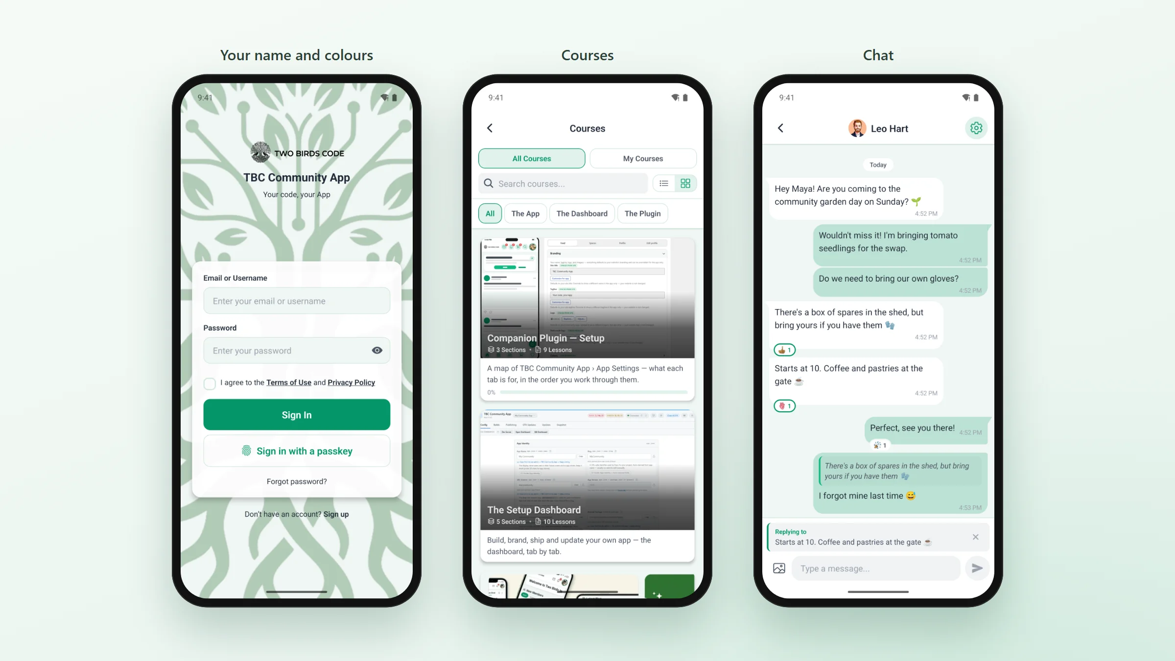 The app’s sign-in screen with the community’s own logo and a passkey button, the Courses screen with course cards, and a chat between two members