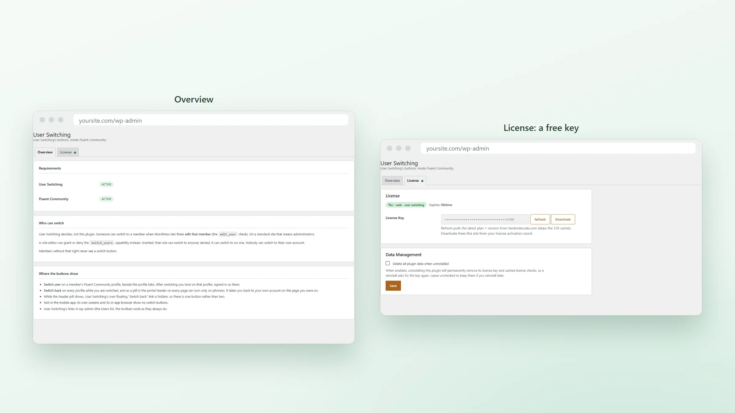 The plugin&rsquo;s Overview tab showing User Switching and Fluent Community as active, who can switch and where the buttons show, beside the License tab with a lifetime free key