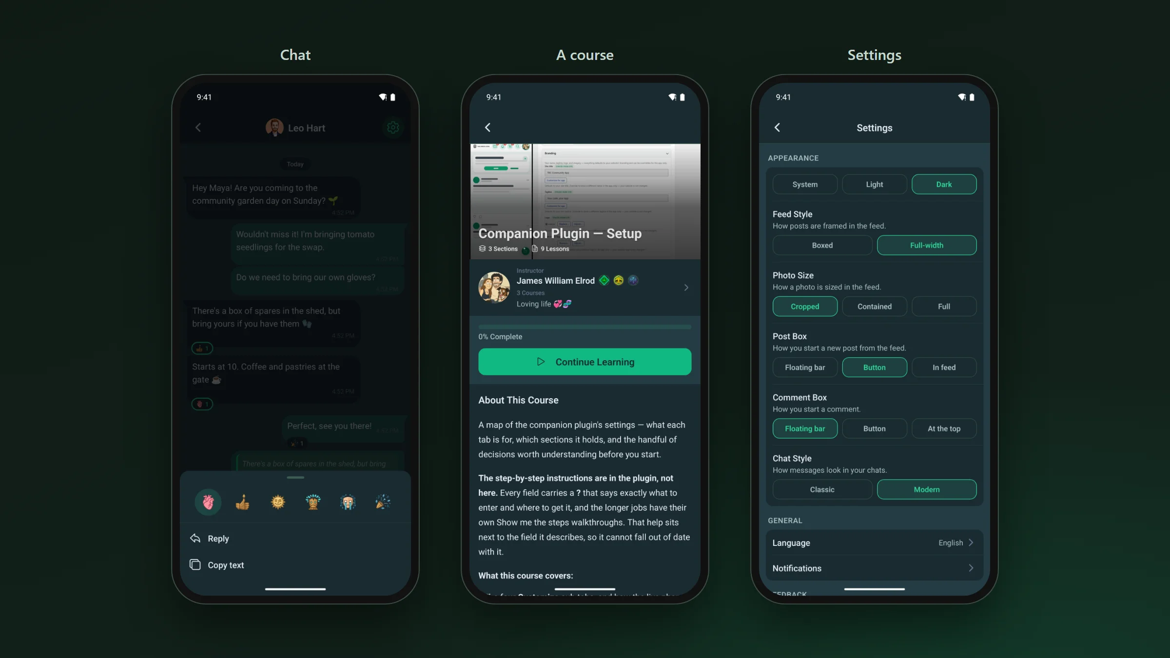 A chat with a message held down to show reactions, Reply and Copy text, a course page with its instructor and a Continue Learning button, and the Settings screen where a member picks light or dark and how the feed and chat look