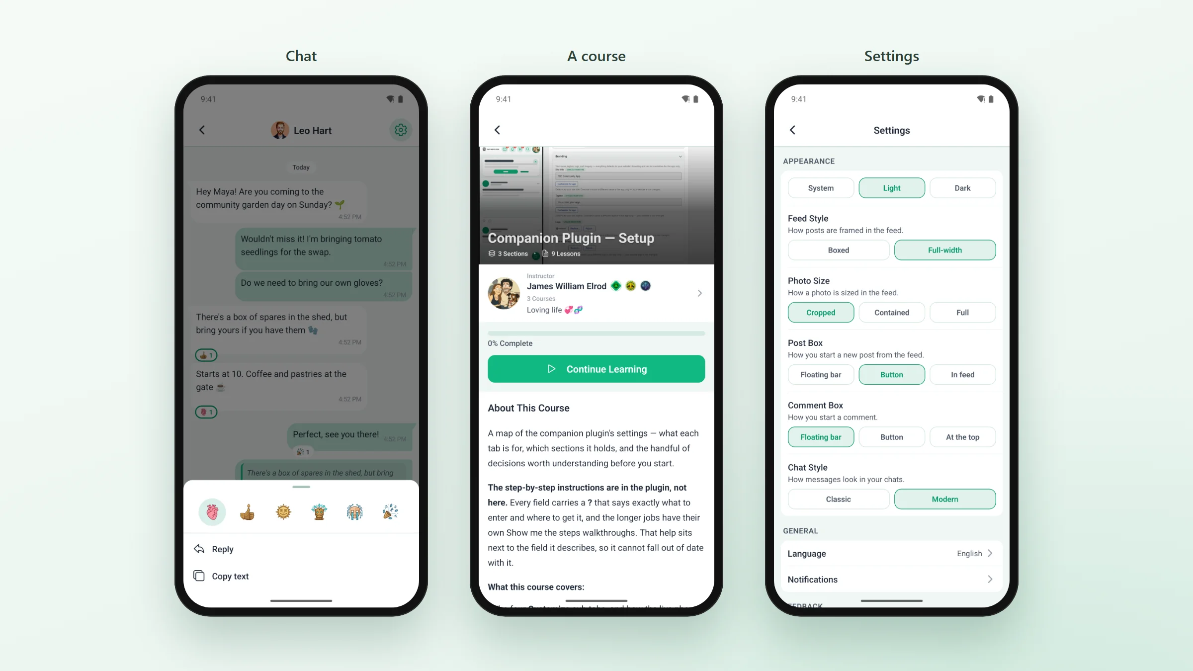 A chat with a message held down to show reactions, Reply and Copy text, a course page with its instructor and a Continue Learning button, and the Settings screen where a member picks light or dark and how the feed and chat look
