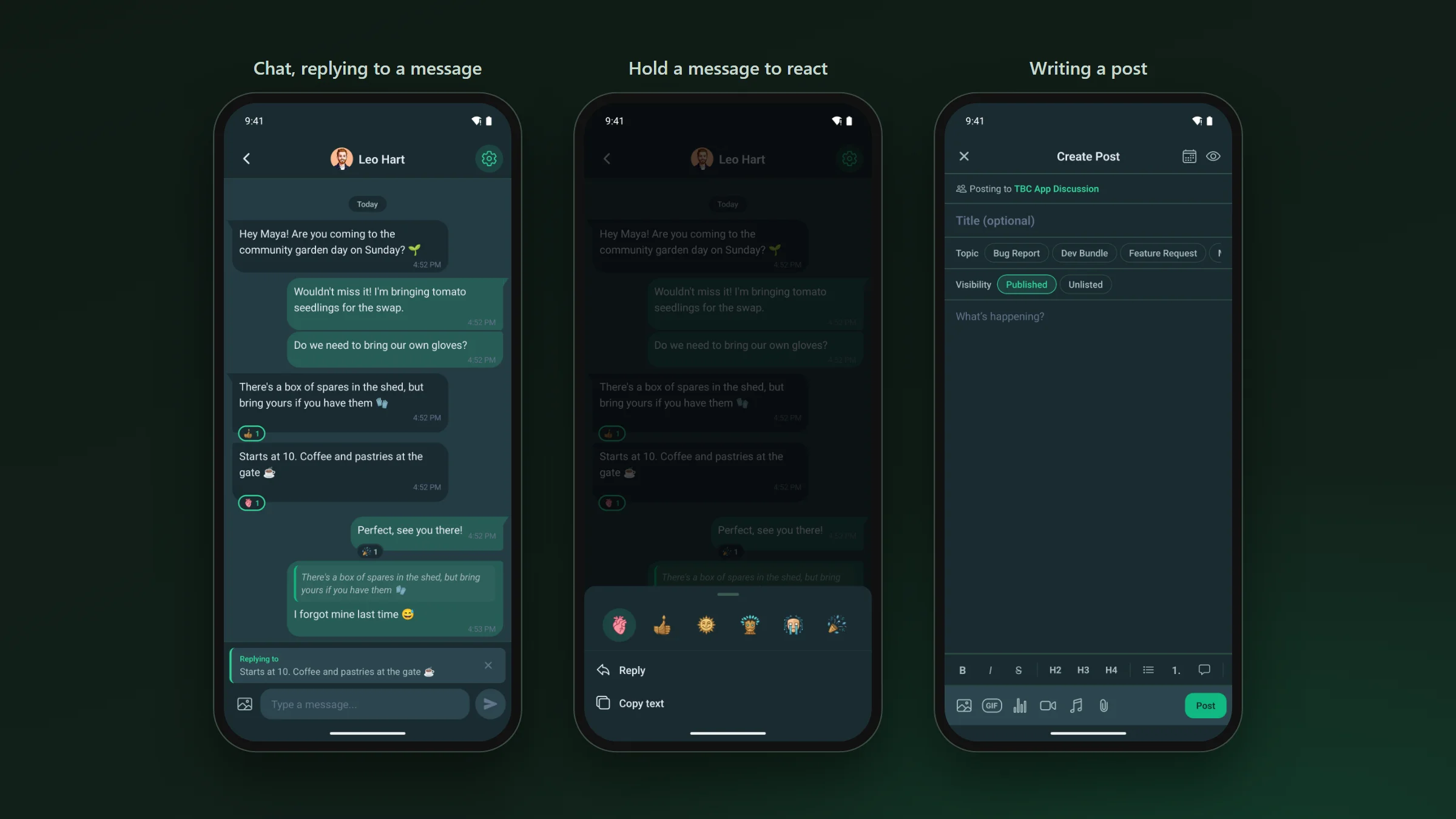 A chat between two members with a reply quoted above the message box, the same chat with a message held down to show reactions, Reply and Copy text, and the screen for writing a new post