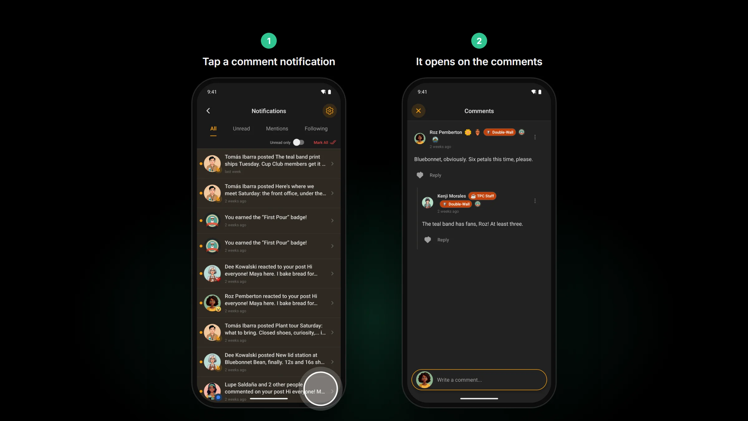Two phone screens: the app's Notifications list as a comment notification is tapped, and the post's comments open on the comment it was about.