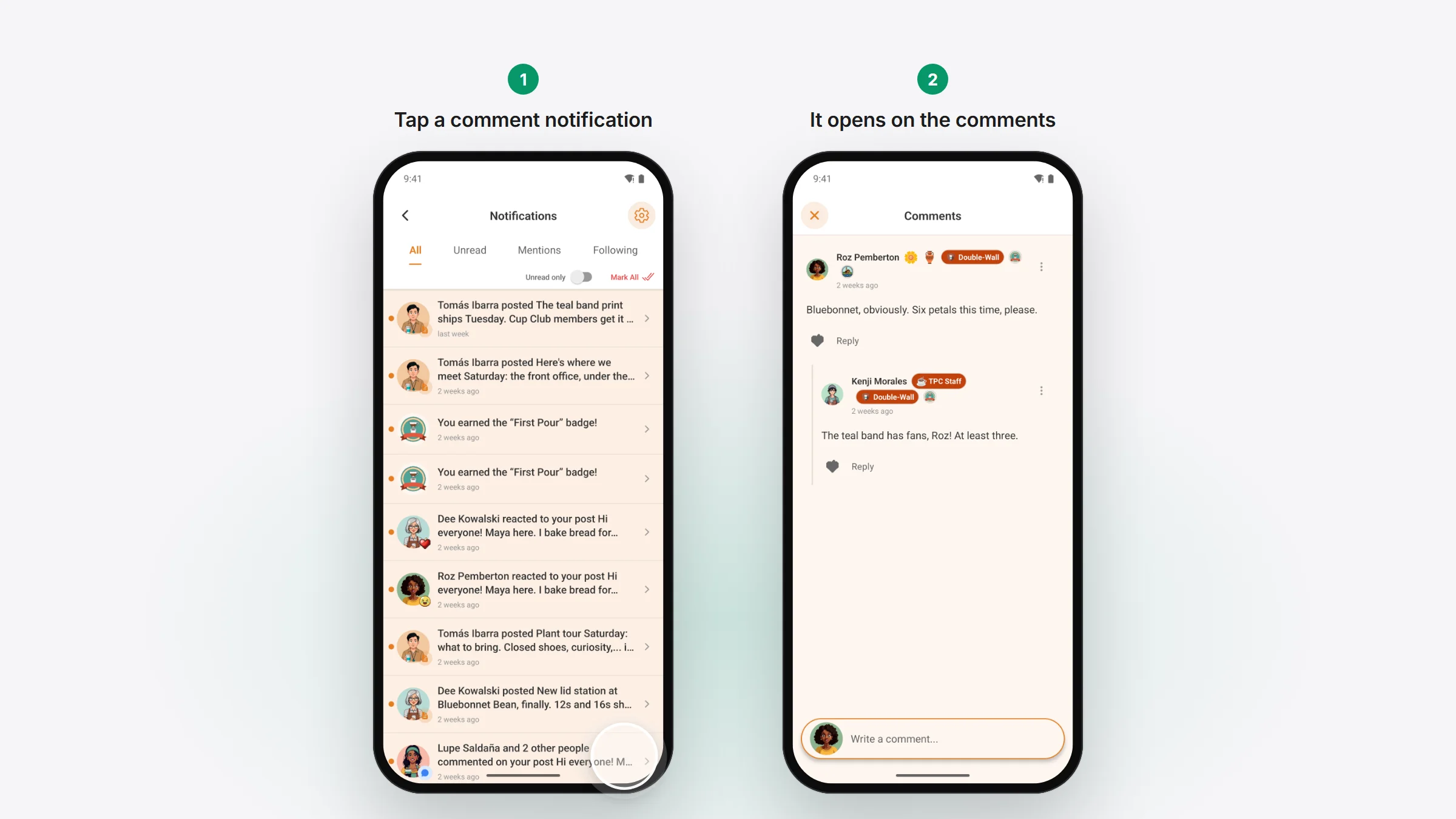 Two phone screens: the app's Notifications list as a comment notification is tapped, and the post's comments open on the comment it was about.