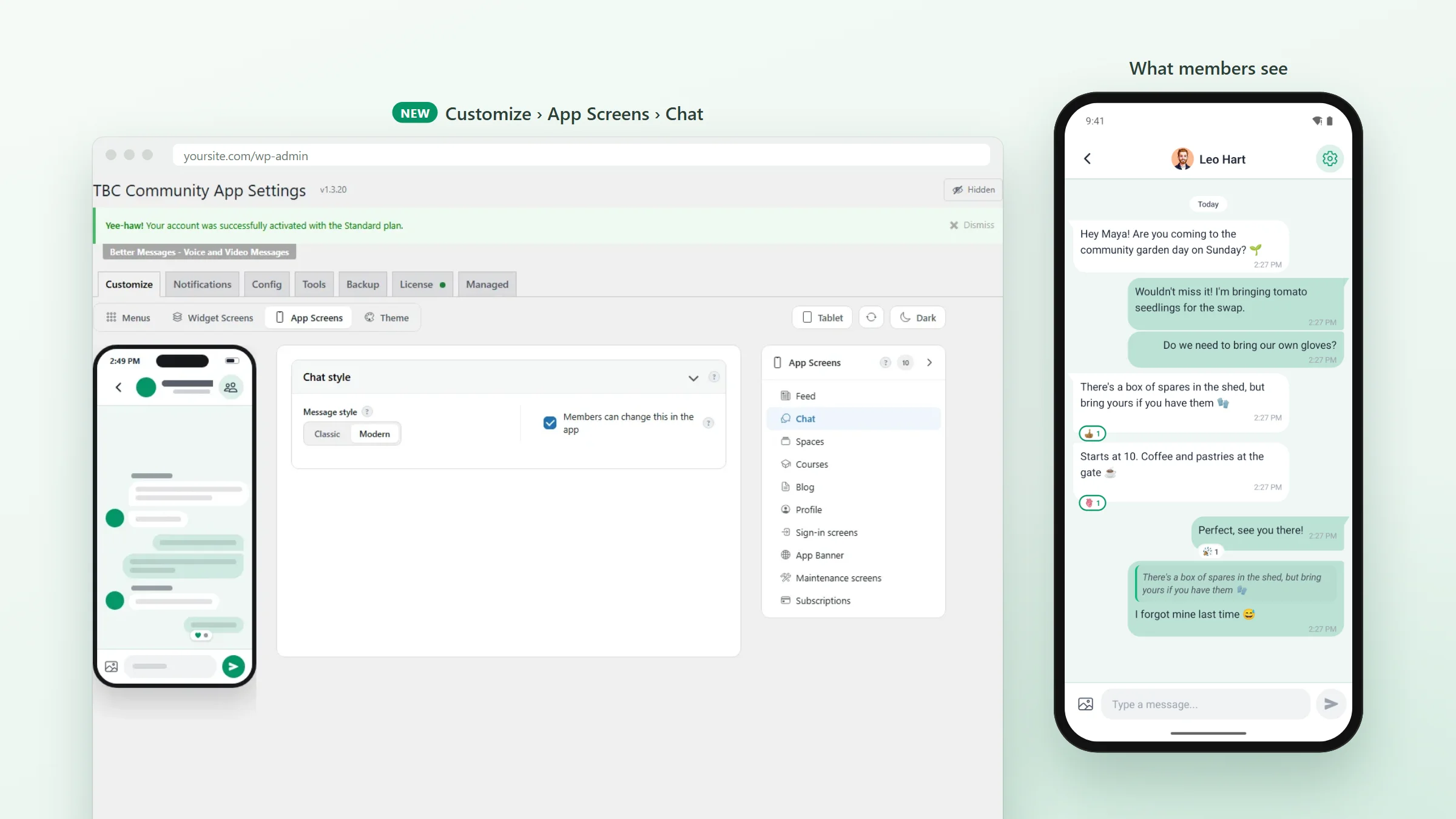 The Chat style setting in WP Admin, with Classic and Modern and a box that lets members change it, beside the app in the Modern look