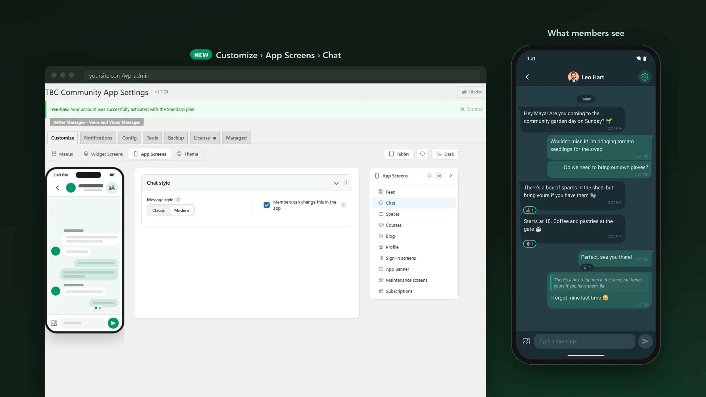 The Chat style setting in WP Admin, with Classic and Modern and a box that lets members change it, beside the app in the Modern look