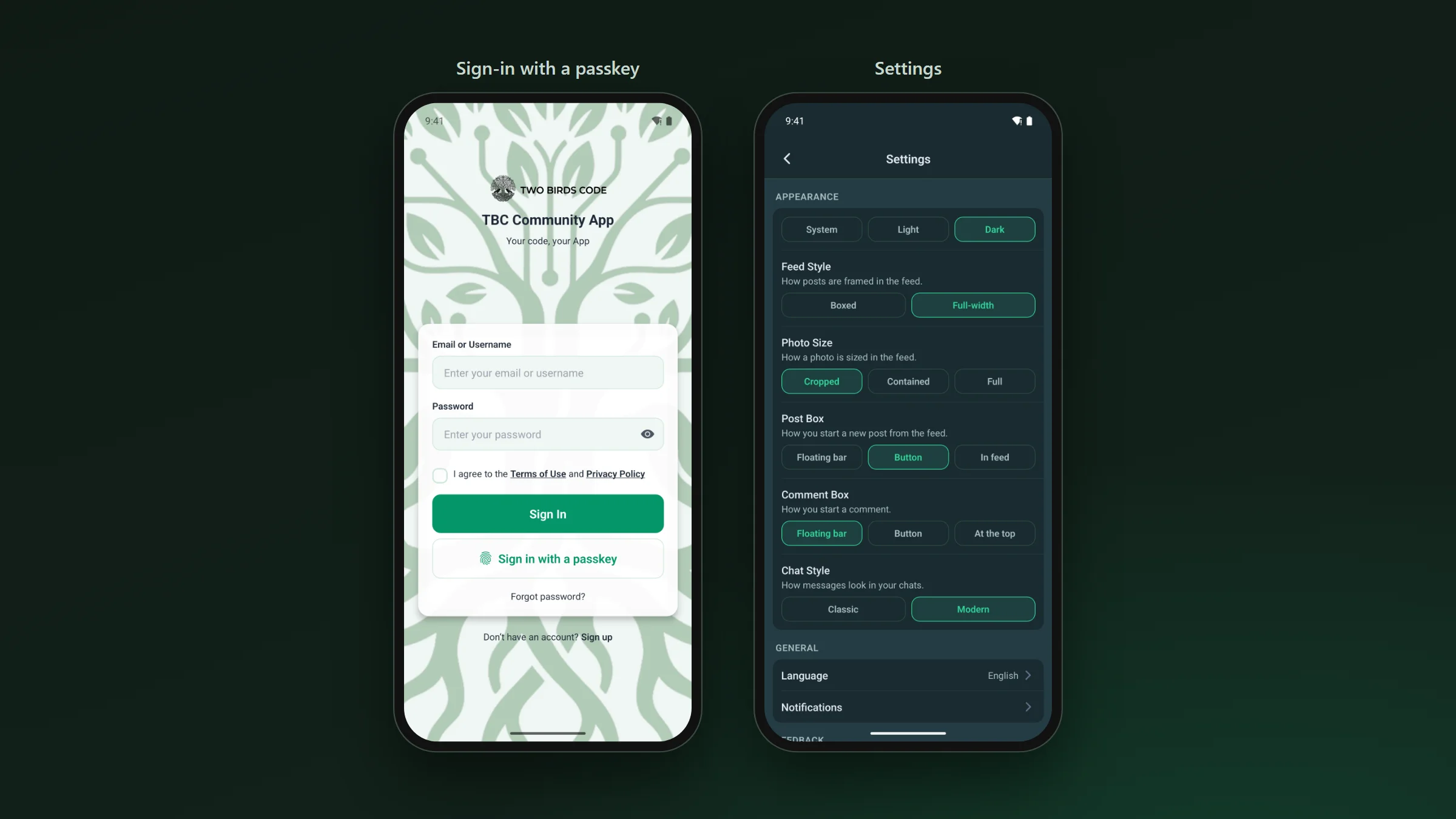 The app&rsquo;s sign-in screen with the community&rsquo;s own logo and a passkey button, beside the Settings screen where a member picks light or dark and how the feed and chat look