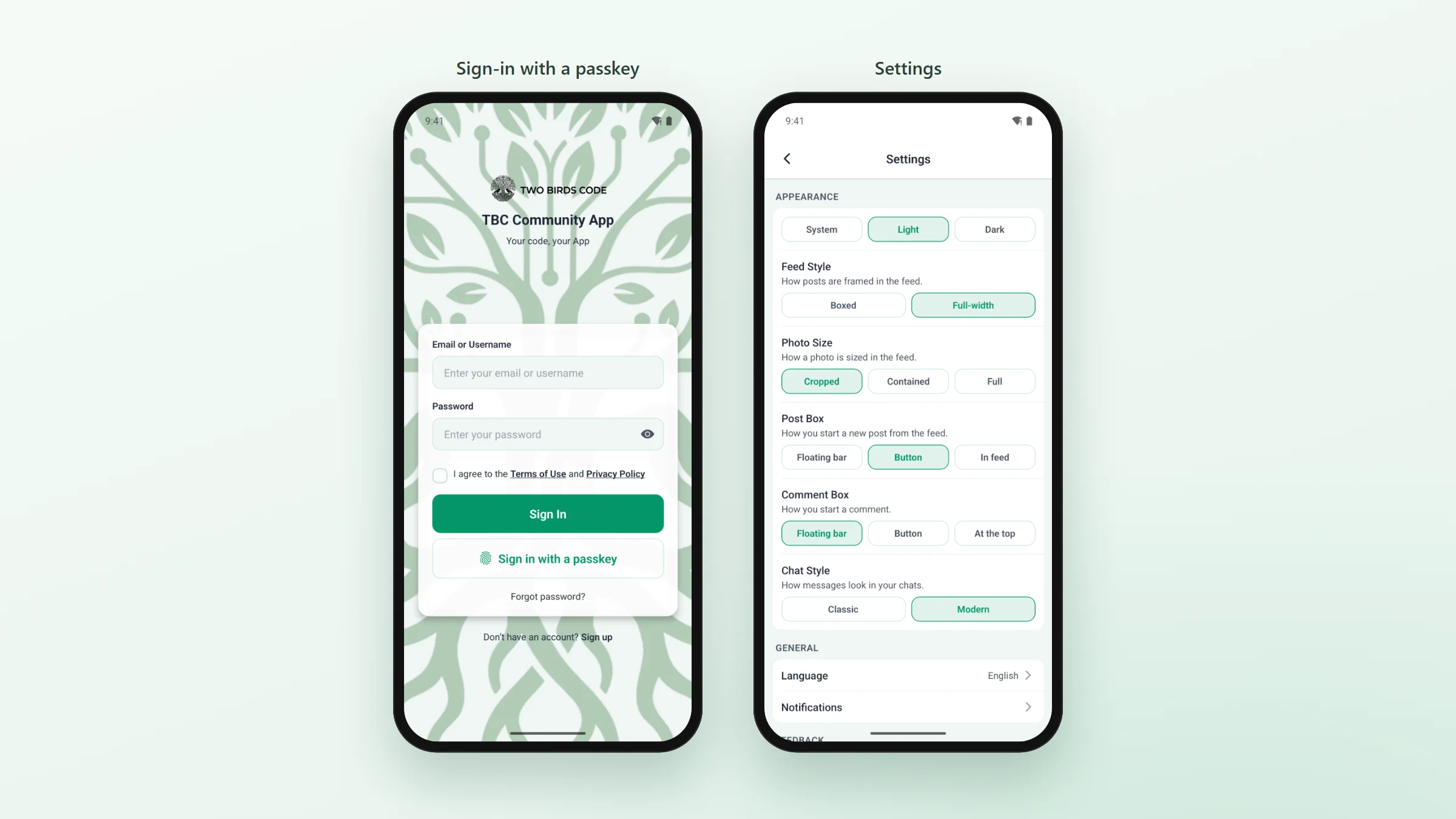 The app&rsquo;s sign-in screen with the community&rsquo;s own logo and a passkey button, beside the Settings screen where a member picks light or dark and how the feed and chat look