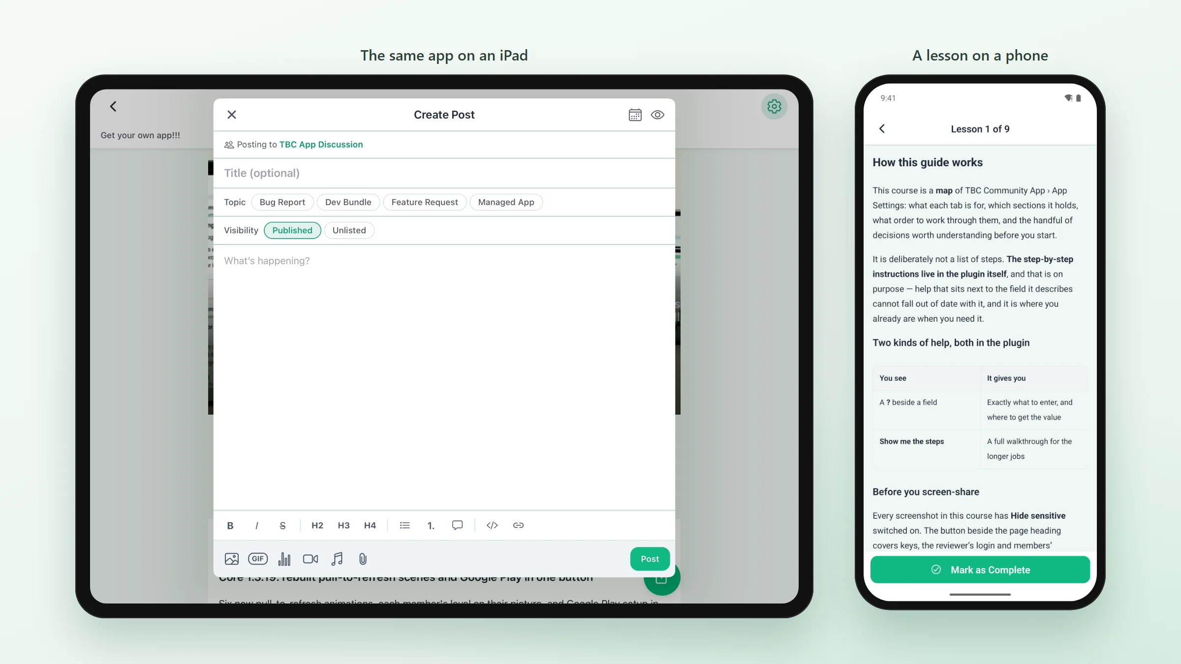The post composer open as a centred card on an iPad, beside the first lesson of a course on a phone
