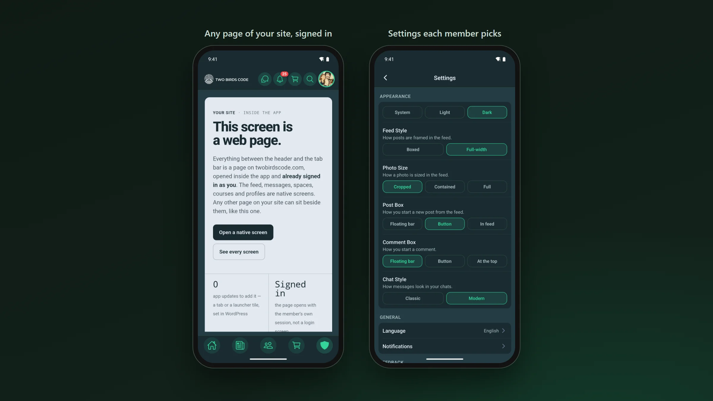 A page from the website open inside the app between the app&rsquo;s header and tab bar, beside the Settings screen where a member picks light or dark, feed style and chat style