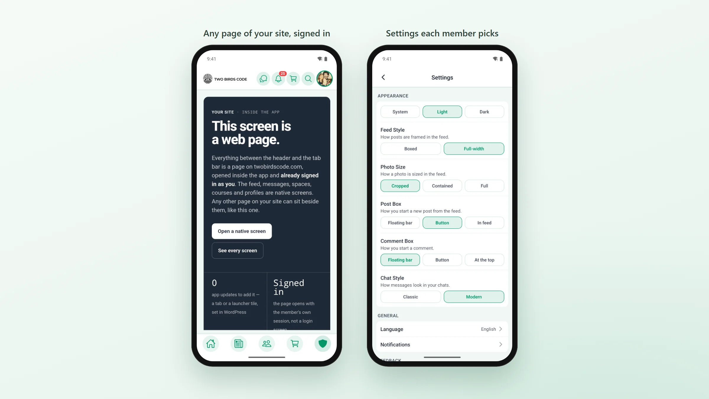 A page from the website open inside the app between the app&rsquo;s header and tab bar, beside the Settings screen where a member picks light or dark, feed style and chat style