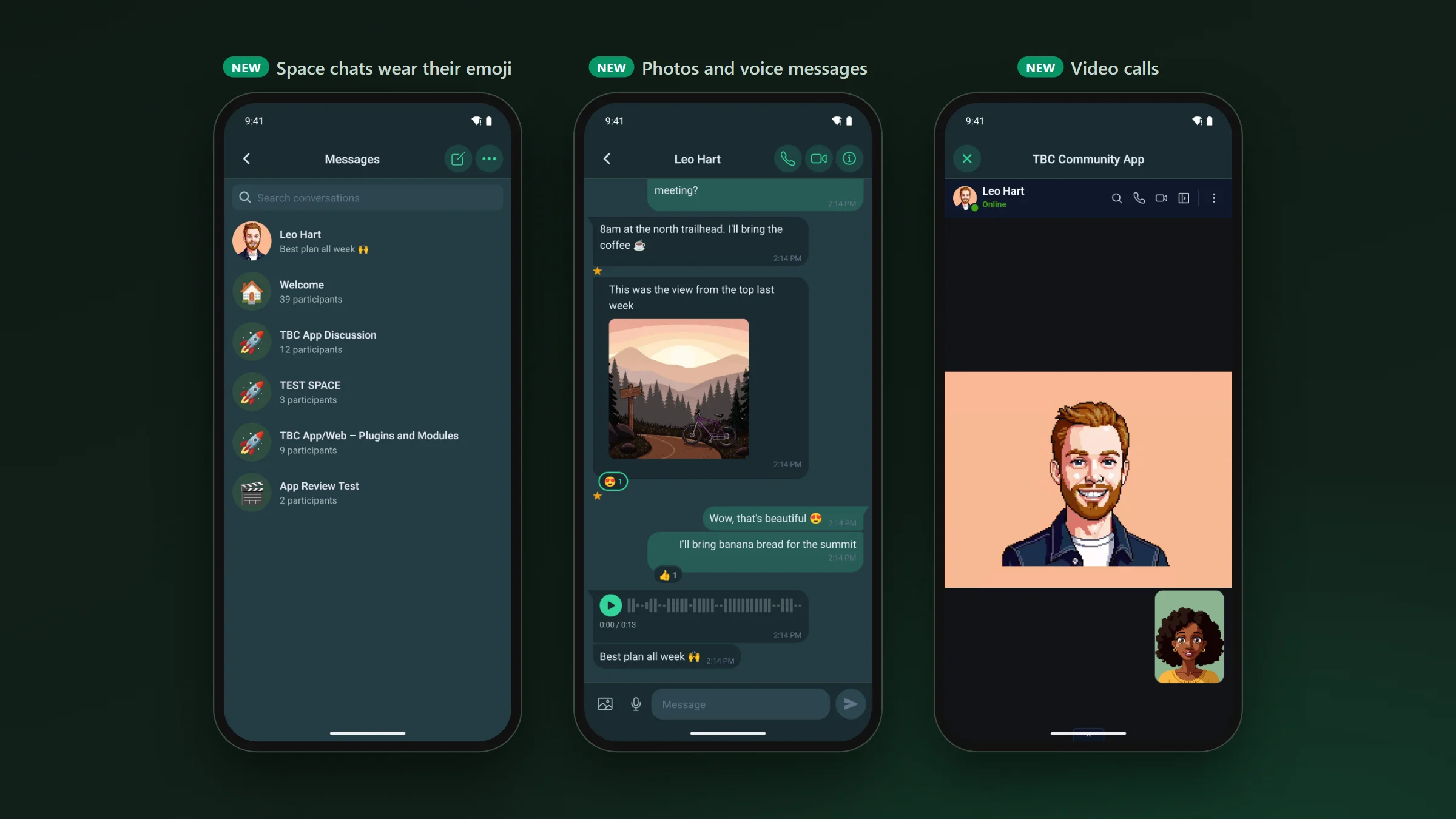 The Better Messages inbox with each space chat showing its emoji, a conversation with a photo and a voice message, and a video call