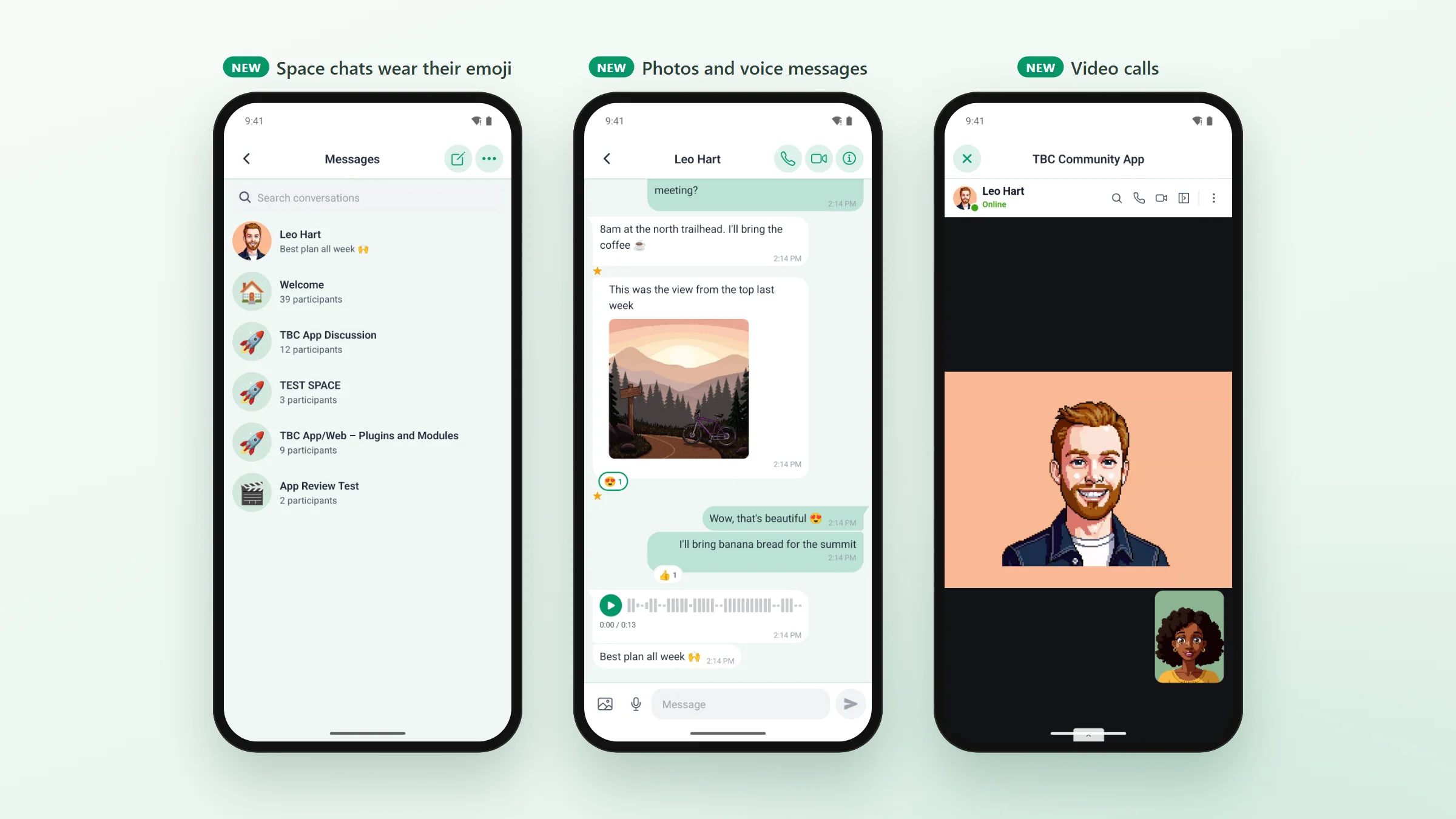 The Better Messages inbox with each space chat showing its emoji, a conversation with a photo and a voice message, and a video call